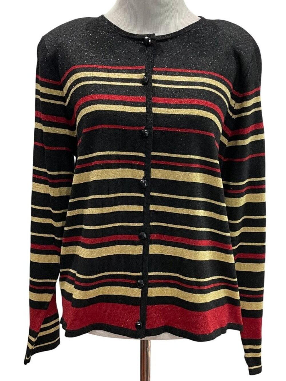 Vintage 80s 90s Alfred Dunner Striped Cardigan PL Black Red Metallic Retro Glam